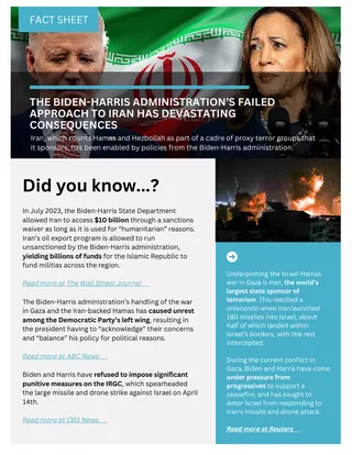 First page of THE BIDEN-HARRIS ADMINISTRATION’S FAILED APPROACH TO IRAN HAS DEVASTATING CONSEQUENCES