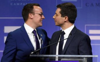 Chasten Glezman Buttigieg (L) greets his husband, South Bend, Indiana Mayor Pete Buttigieg, after he delivered a keynote address at the Human Rights Campaign's (HRC) 14th annual Las Vegas Gala at Caesars Palace on May 11, 2019 in Las Vegas, Nevada. Buttigieg is the first openly gay candidate to run for the Democratic presidential nomination. The HRC is the largest LGBTQ advocacy group in the United States.
