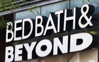 The Bed Bath & Beyond signage is seen on October 01, 2021 in the Tribeca neighborhood in New York City.